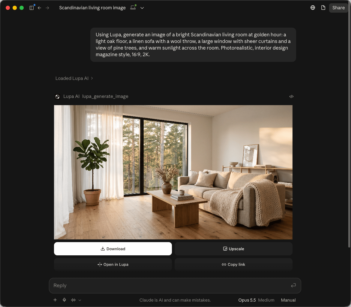 A Lupa result card inside Claude: the generated living room with Download, Upscale, Open in Lupa and Copy link buttons