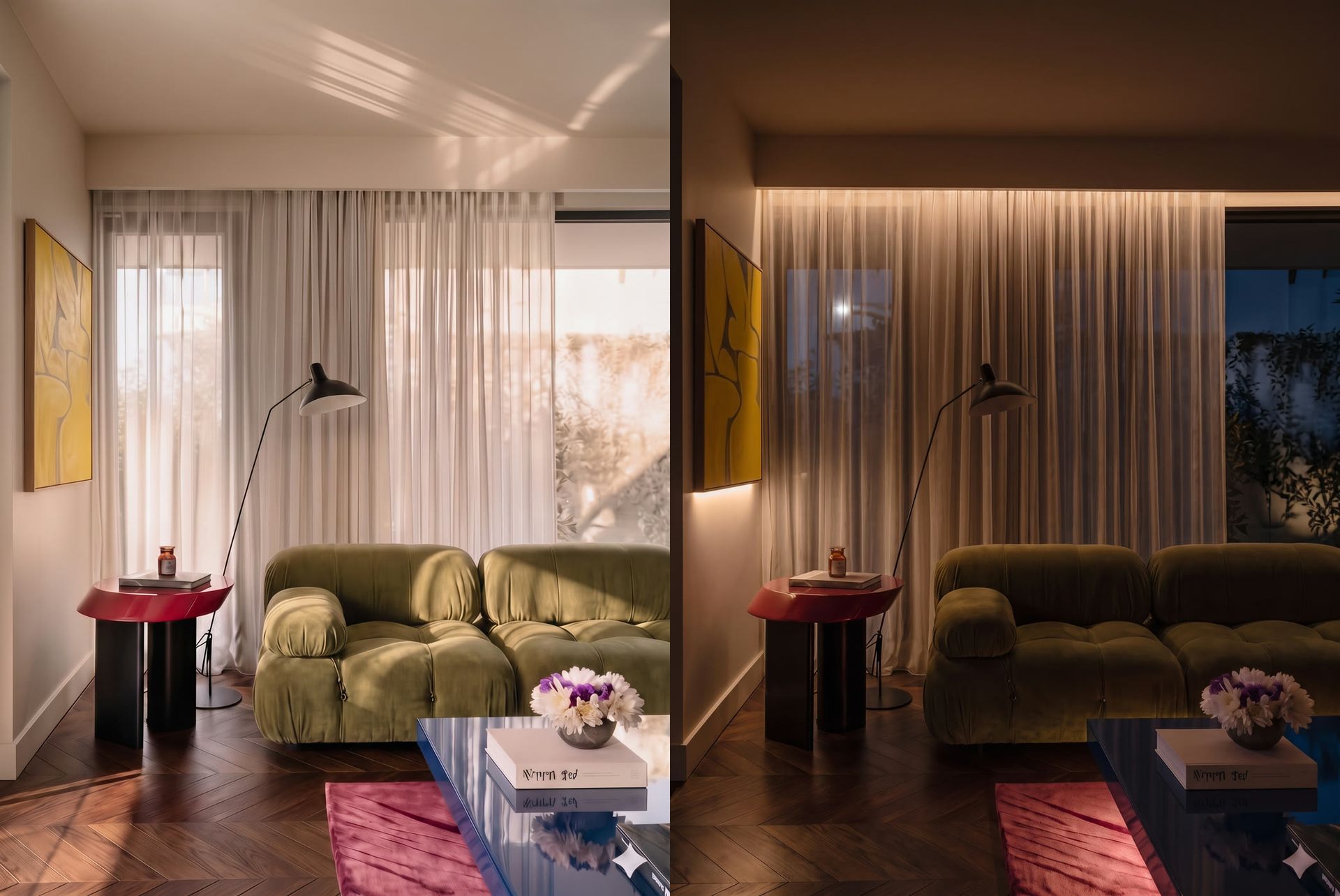 The same living room in daylight and relit to a warm evening