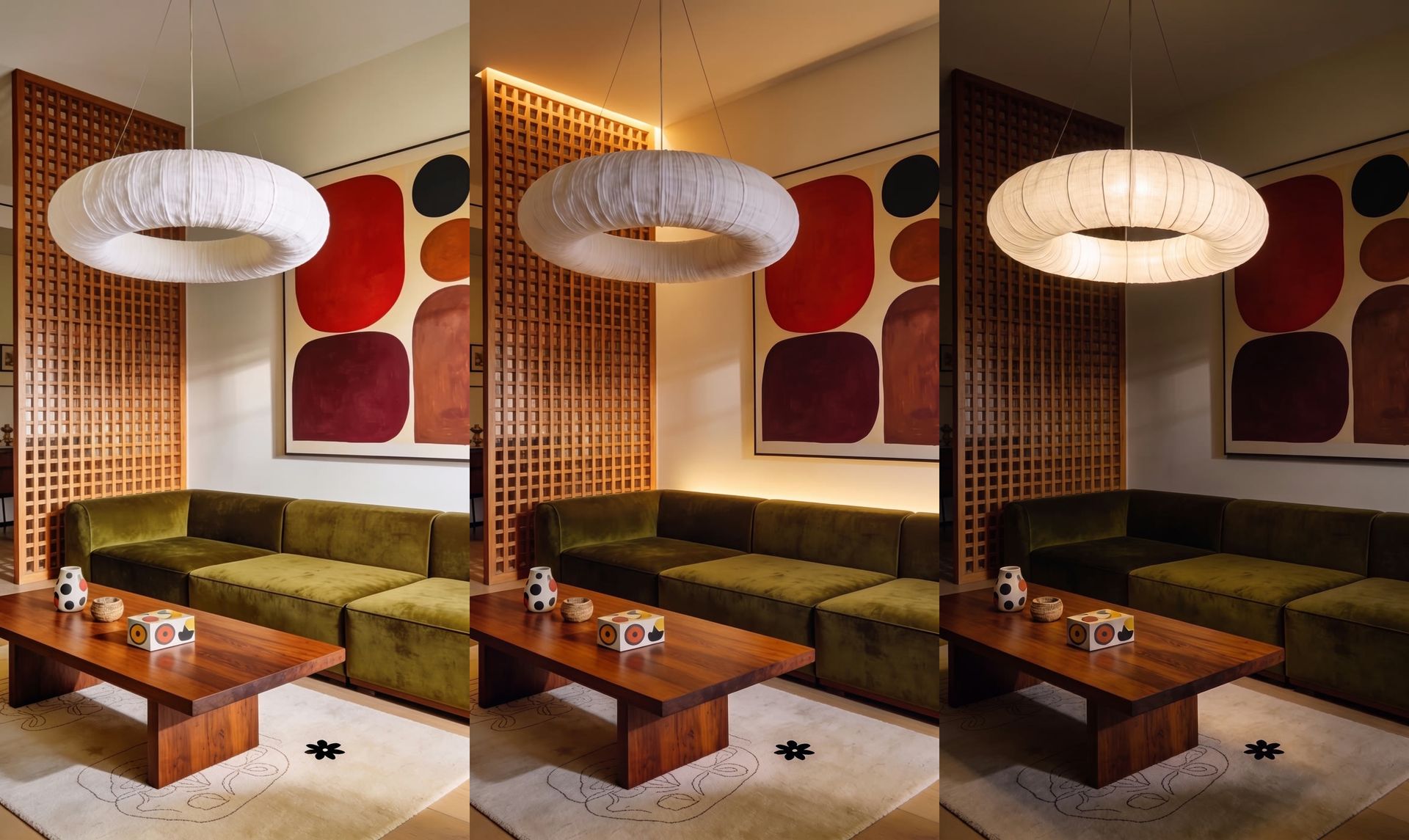 Three versions of the same living room: afternoon, evening and night