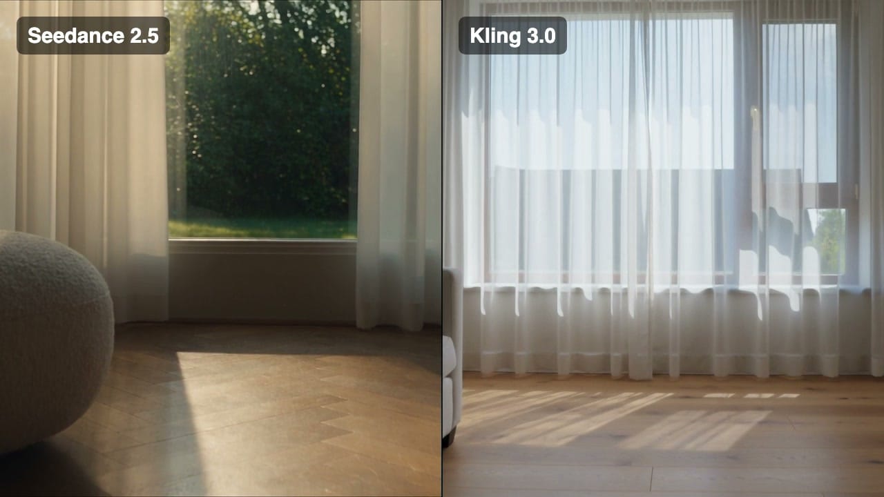 Seedance 2.5 (left) and Kling 3.0 (right) render the same living-room push-in prompt, side by side