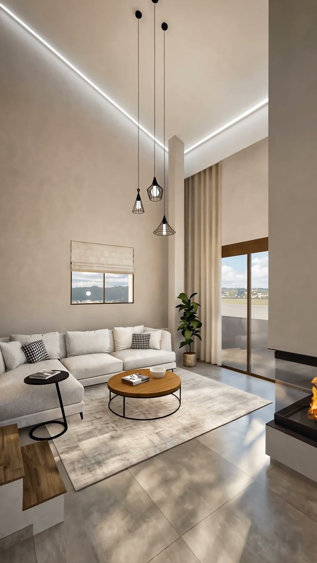 A bright double-height living room with pendant lights, a white sectional sofa and a round wooden coffee table