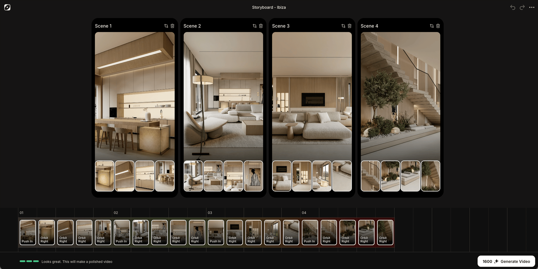 Space Motion storyboard with four rooms and their close-ups