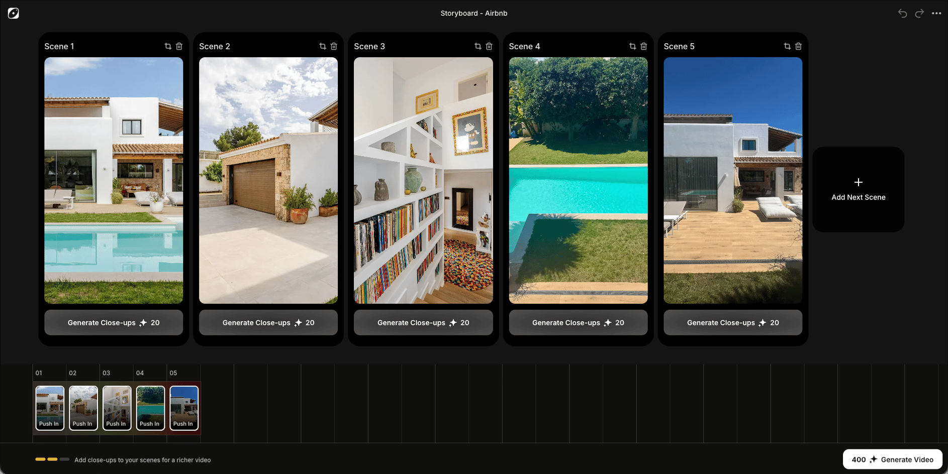 A Space Motion storyboard with five listing photos, one scene per photo, before any close-ups