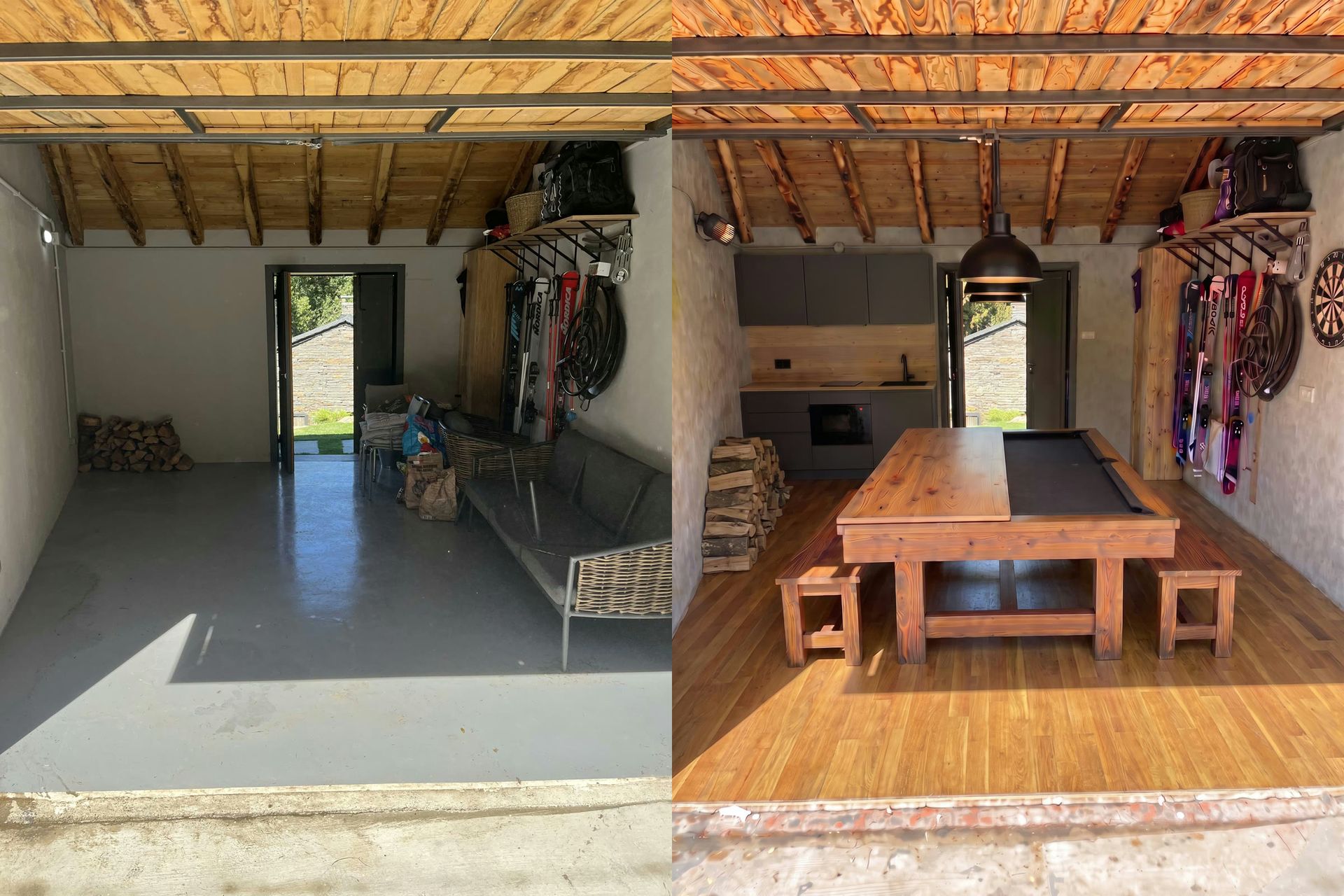 An empty garage virtually staged as a games room