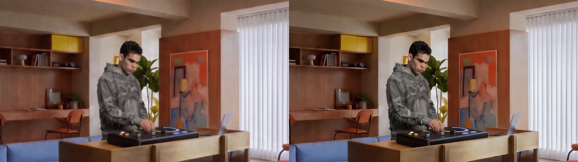 Detail from a 720p clip and the same detail upscaled to 4K