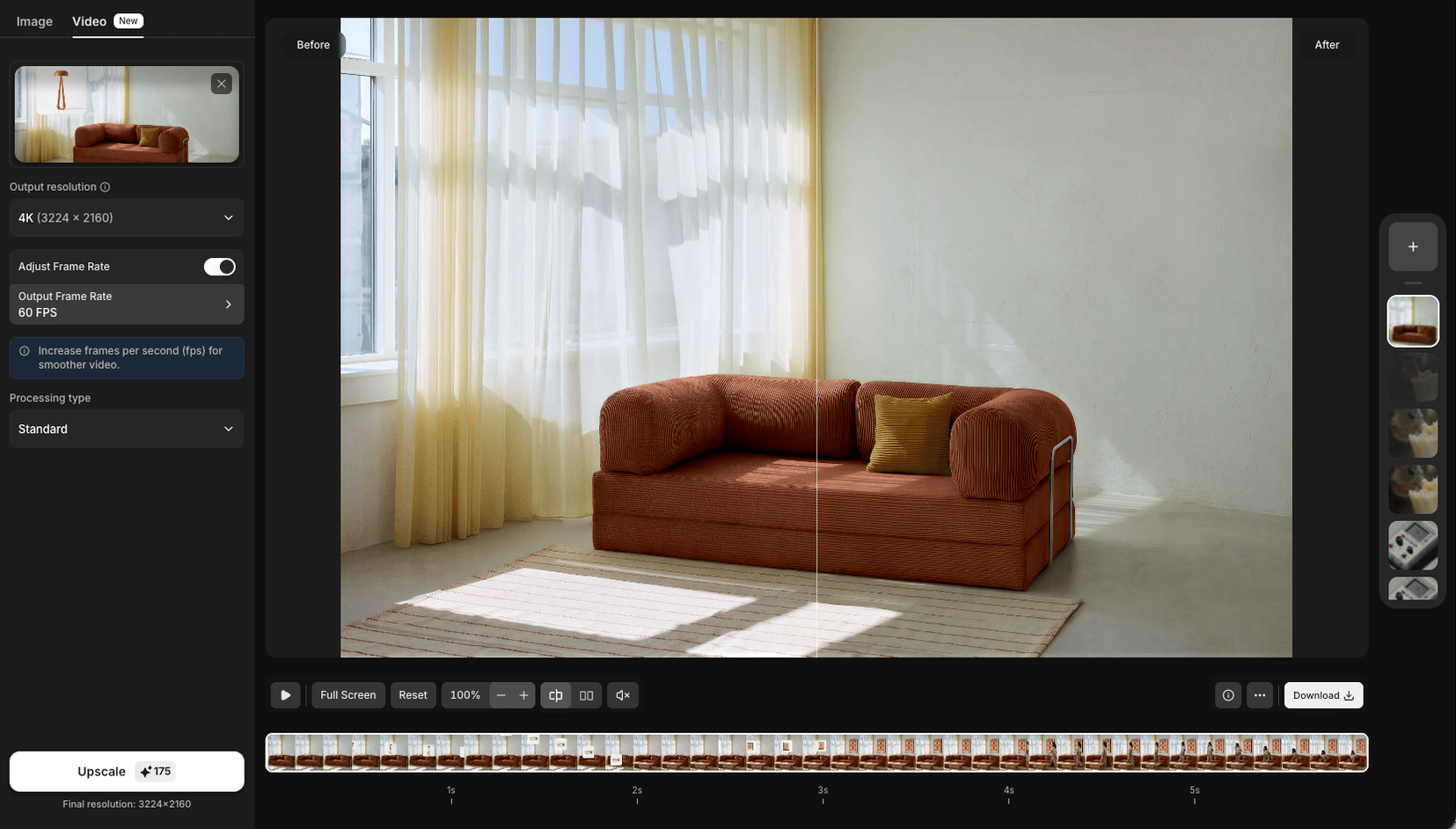 The Video Upscaler with 4K output, 60 fps and Standard processing selected, costing 175 tokens