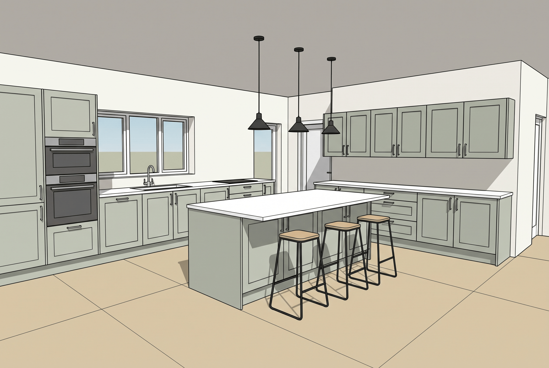 A SketchUp style kitchen with flat sage cabinets, an island and three pendant lamps