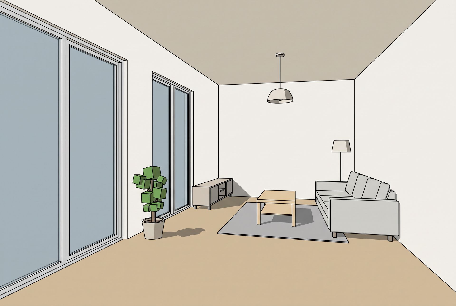 A SketchUp style living room with flat colours, black edges and two large windows