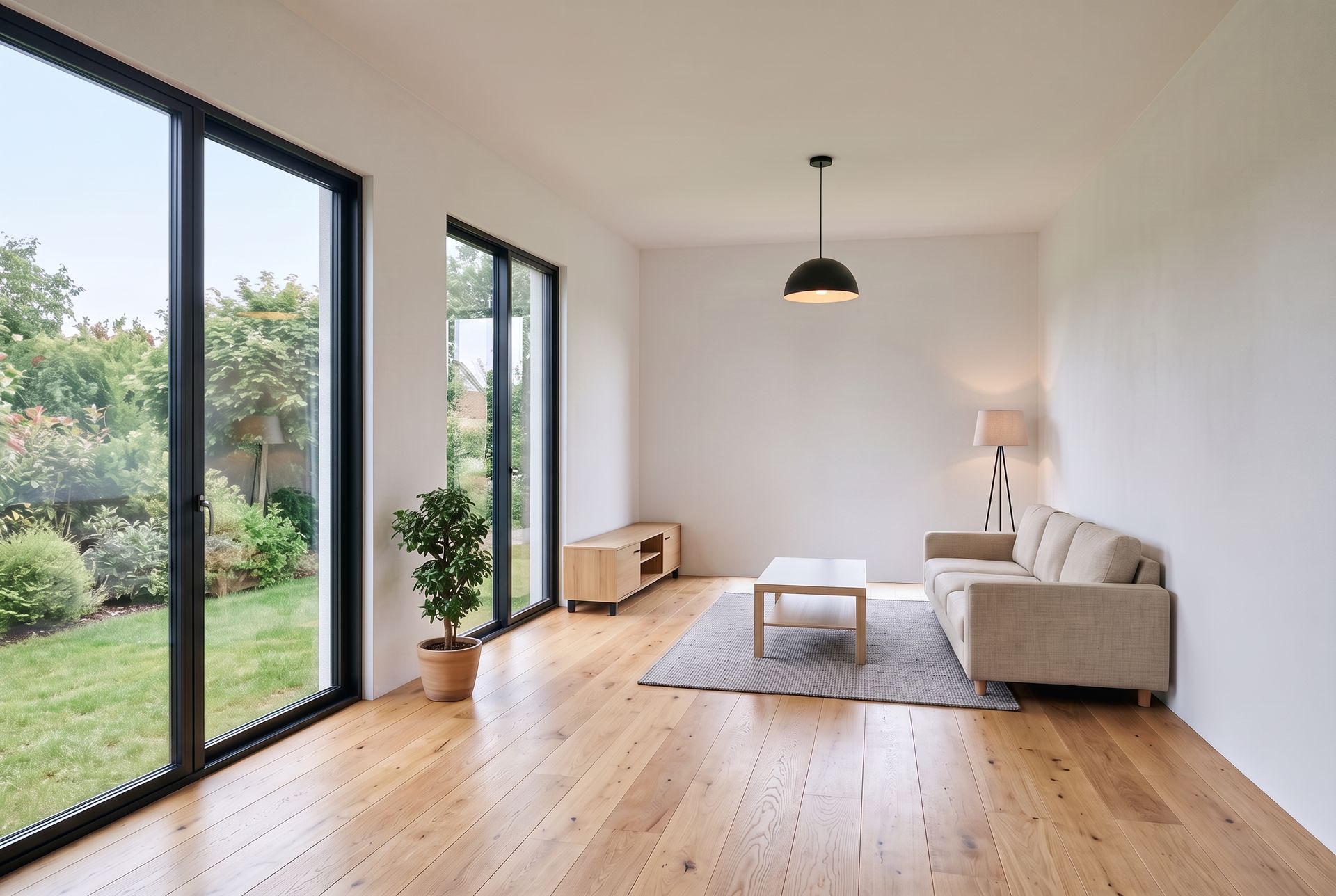 The same living room rendered as a photo with an oak floor, a linen sofa and a garden behind the windows