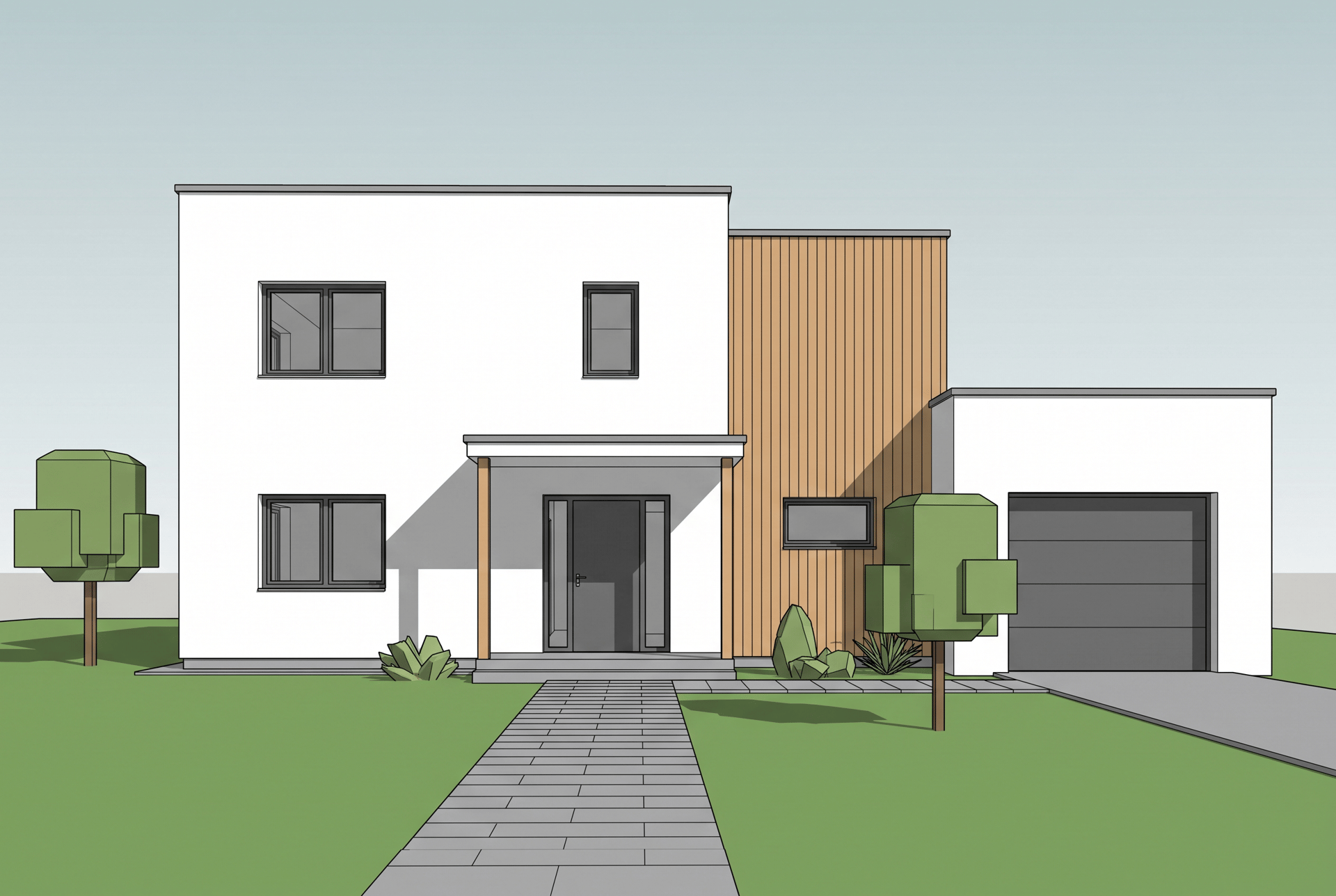 A SketchUp style house facade with a front door, a porch, wood cladding and a garage