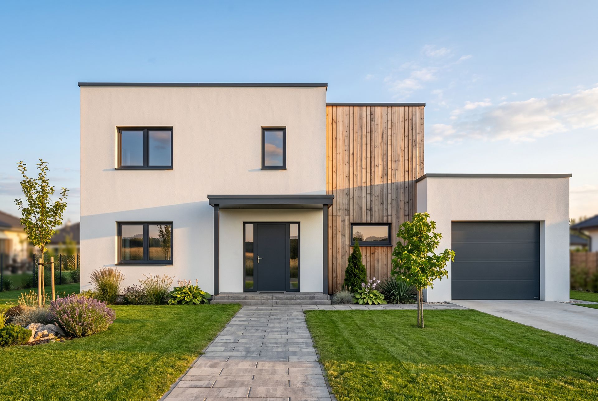 The same house rendered at golden hour with white render, larch cladding, a stone path and a planted garden