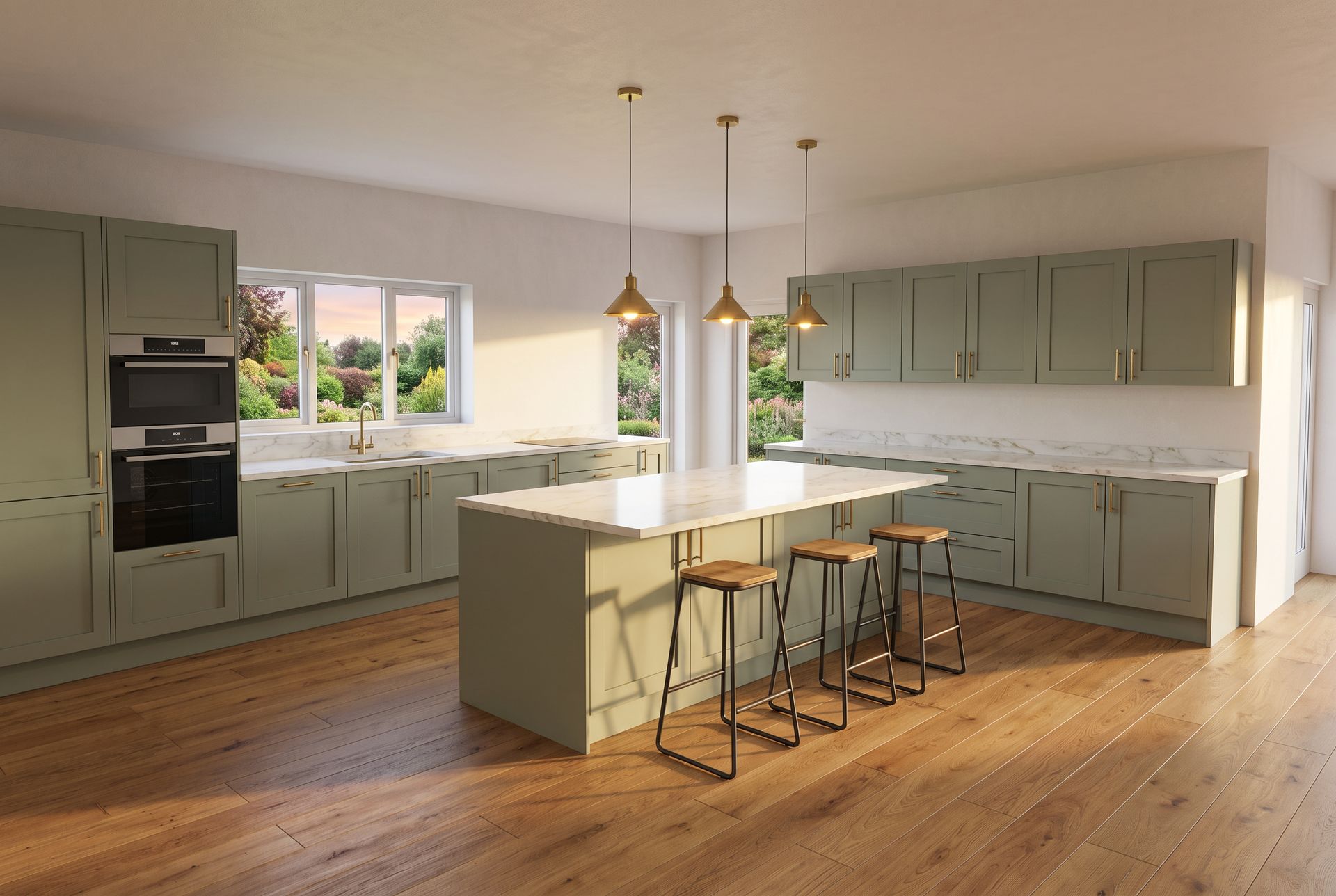 The same kitchen rendered with sage green cabinets, a marble countertop, an oak floor and a garden behind the windows