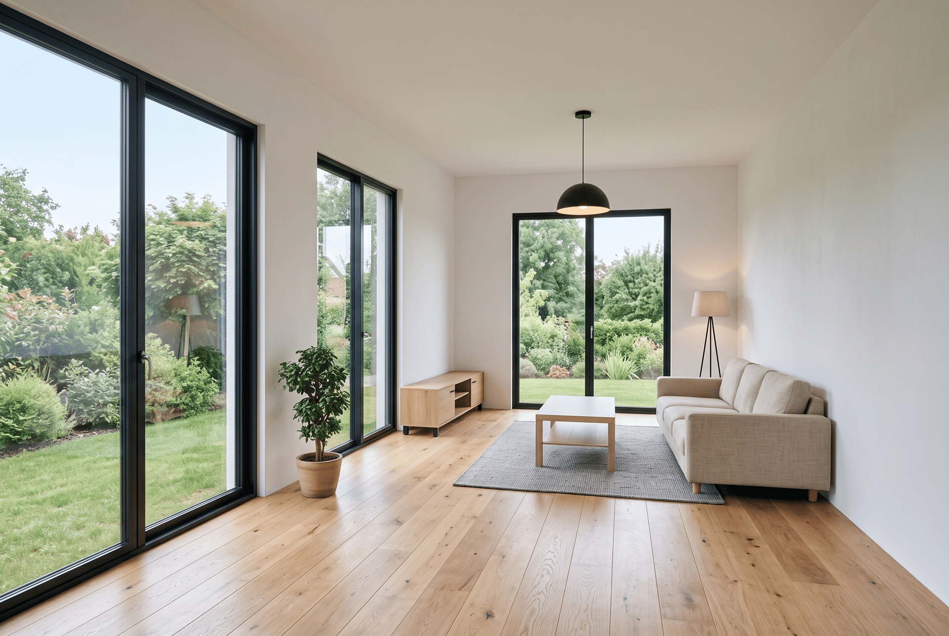 First render: The AI added a glass door with a garden view to the back wall, which is solid in the model