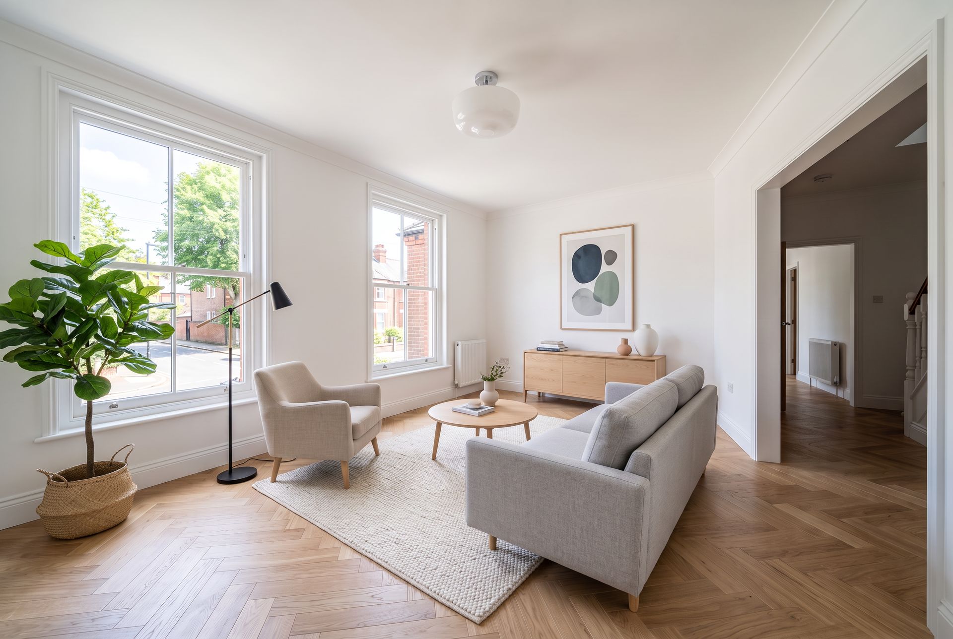 The living room staged in a Scandinavian style with a grey sofa and light oak furniture