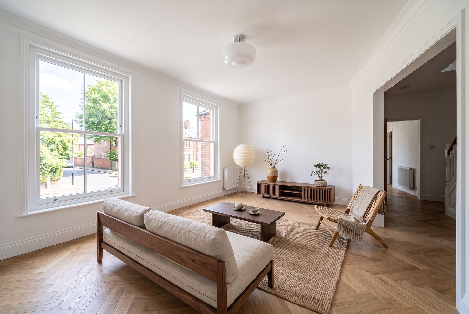 The same living room staged in a Japandi style with a low walnut sofa, a jute rug and a paper lantern