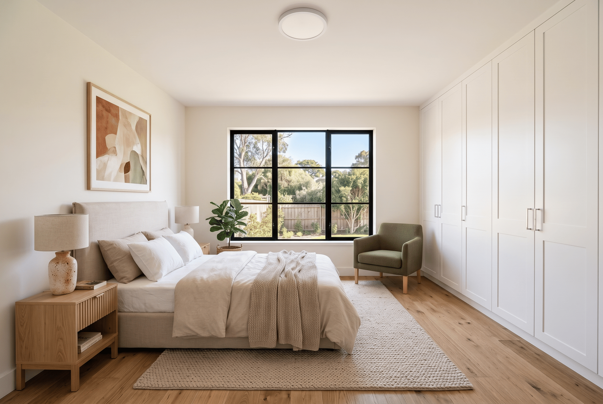The same bedroom staged with an upholstered bed, oak bedside tables, a wool rug and a green armchair