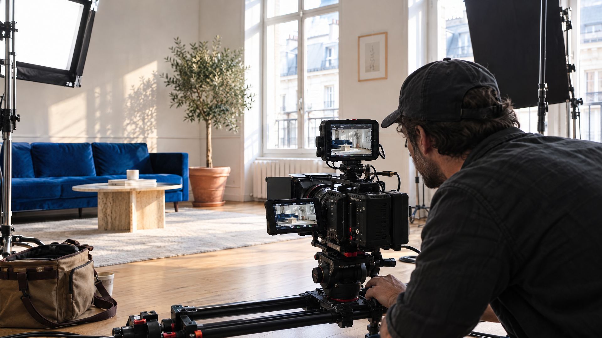 A smiling videographer in a mustard shirt kneeling on an oak floor during an interior video shoot, checking a sharp frame on her camera screen, with a blue sofa and an olive tree behind her