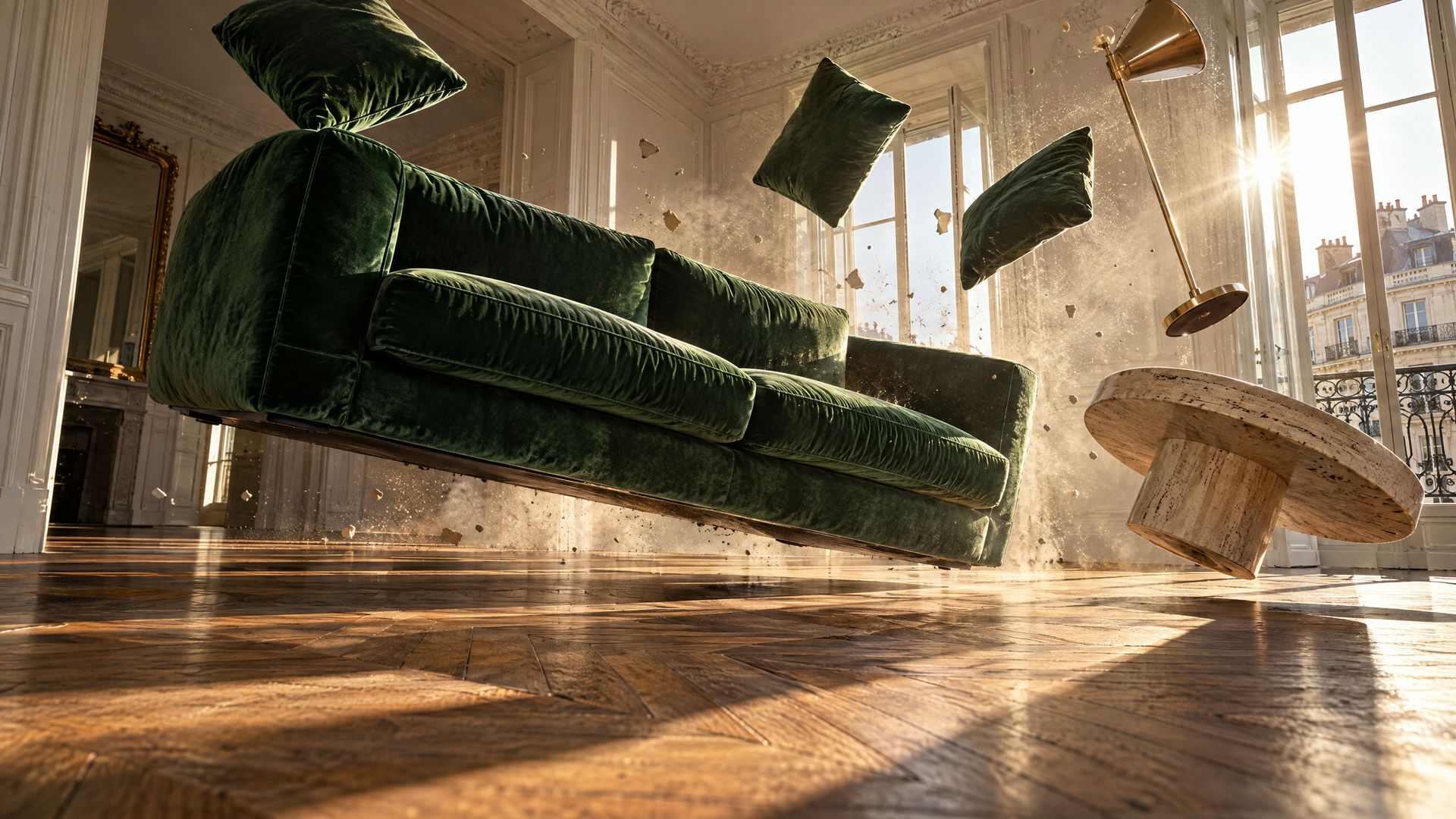 A bright living room with herringbone parquet, a grey sofa, an oak coffee table and a large plant, virtually staged with AI